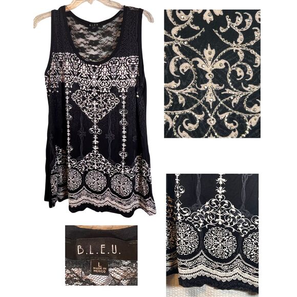 Bleu Black Witch Lace Tank Top‎ sz Large Goth Whimsycore Rhinestones - Picture 1 of 8